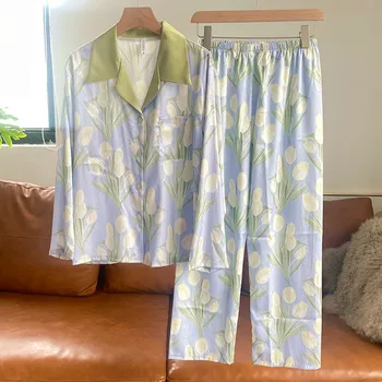 Fdfklak Noi Pijamas Primavara-Vara Pentru Femei Pijamale Cu Mânecă Scurtă, Pantaloni De Pijama Femei Set Imitație De Mătase Doamnelor Haine De Acasă