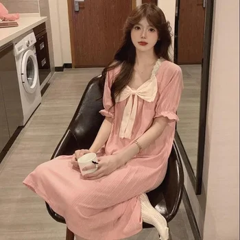 Femei Camasa De Noapte Din Dantela Arc Cămașă De Moda Coreeană Somn Lung Rochie De Vara De Toamna Cu Maneci Scurte Homedress Confortabil Drăguț