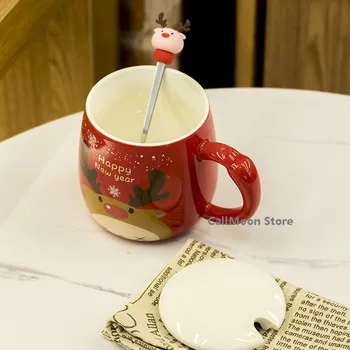 Ceașcă de cafea cu Capac Lingura Ins 400-500ml Cadou de Crăciun Elan Ceramice de Desene animate Drăguț Cana de Cafea Cana de Lapte o Cana cu Apa Ceașcă Ceașcă de Ceai Cana L1