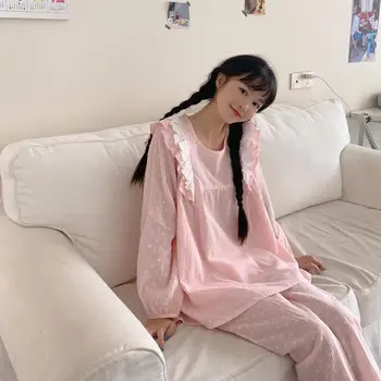 Kawaii Roz Printesa De Primăvară Acasă Costum De Femei Coreene Pierde Bumbac Set De Pijama Cu Maneca Lunga Volane Sleepwear Dantela Mozaic
