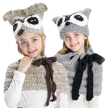 2 Bucati Copii Pălărie Eșarfă Set de Iarnă Tricot Gât Cap Cald Owl Model pentru Copii