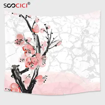 Cutom Tapiserie De Pe Perete,Floral Japonez Sakura Cherry Blossom Tree Branch Pastelate Acuarelă De Imprimare Coral Roz Gri