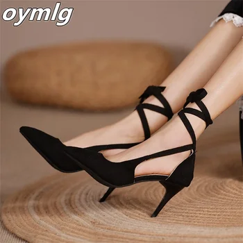 Negru tocuri inalte pentru femei de vară a subliniat toe toe sandale toate-meci glezna bretele dantelă-up singur pantofii stiletto sexy femei pantofi